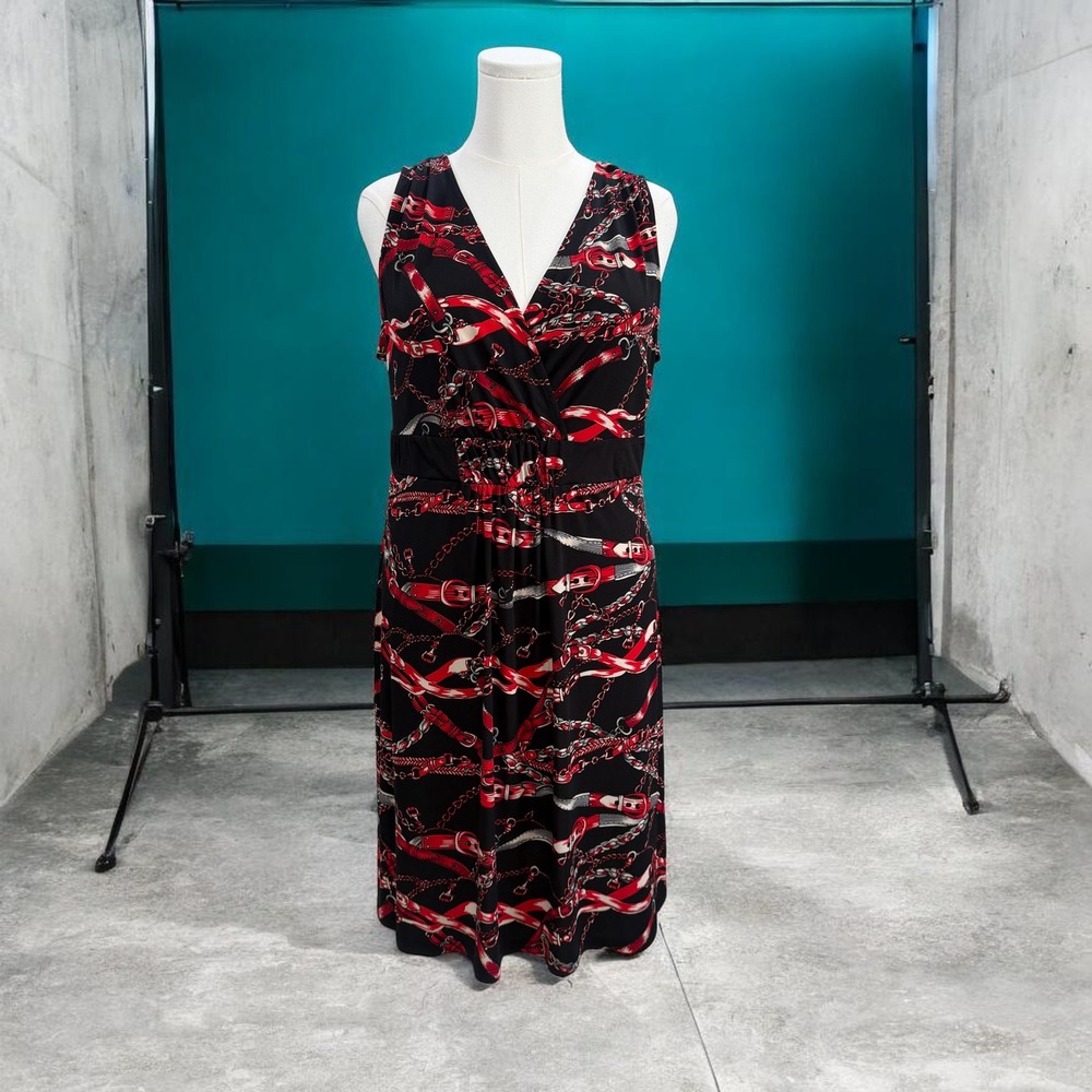 Jones Studio Chain Print Sleeveless Midi Dress Black Red Edgy Chic Officewear XL